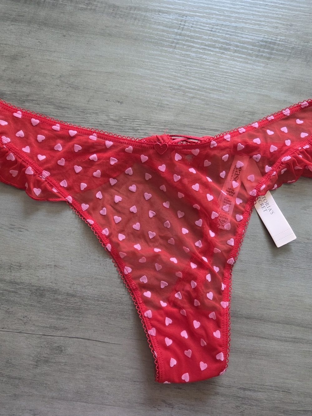 NWT TEASE VICTORIA'S SECRET Sheer Red Heart Print THONG Panty XL